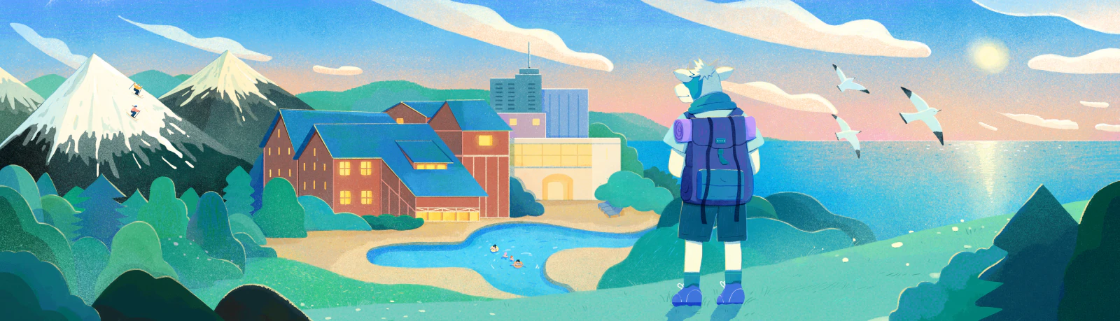 The Travelscowt scout, with a backpack, looks over a lakeside resort and snowy mountains
