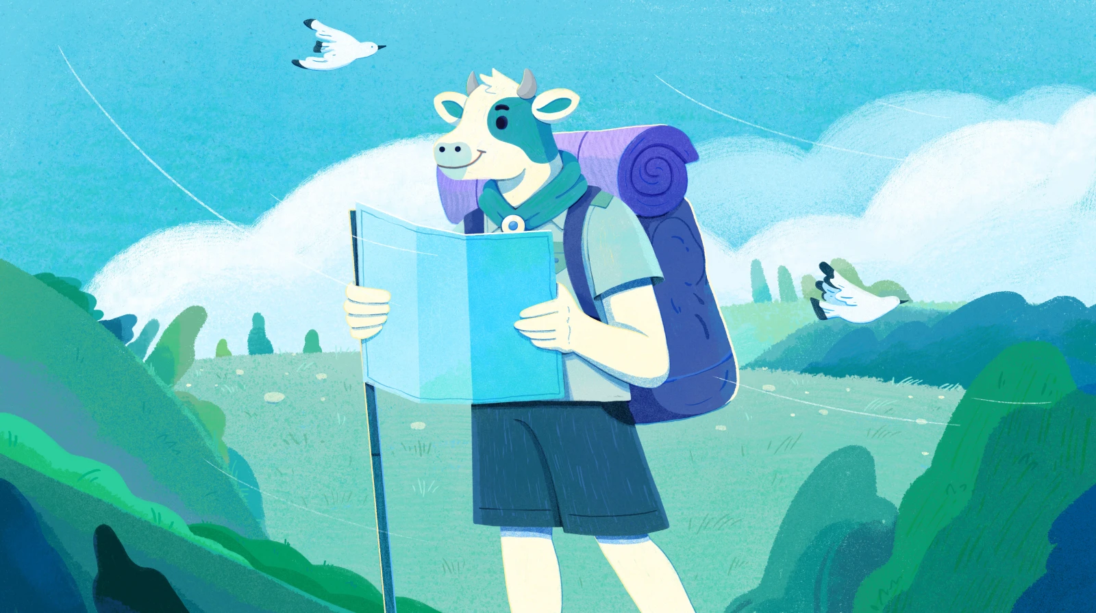 The Travelscowt scowt, a cow with a backpack and a neckerchief, reads a map on a green hillside