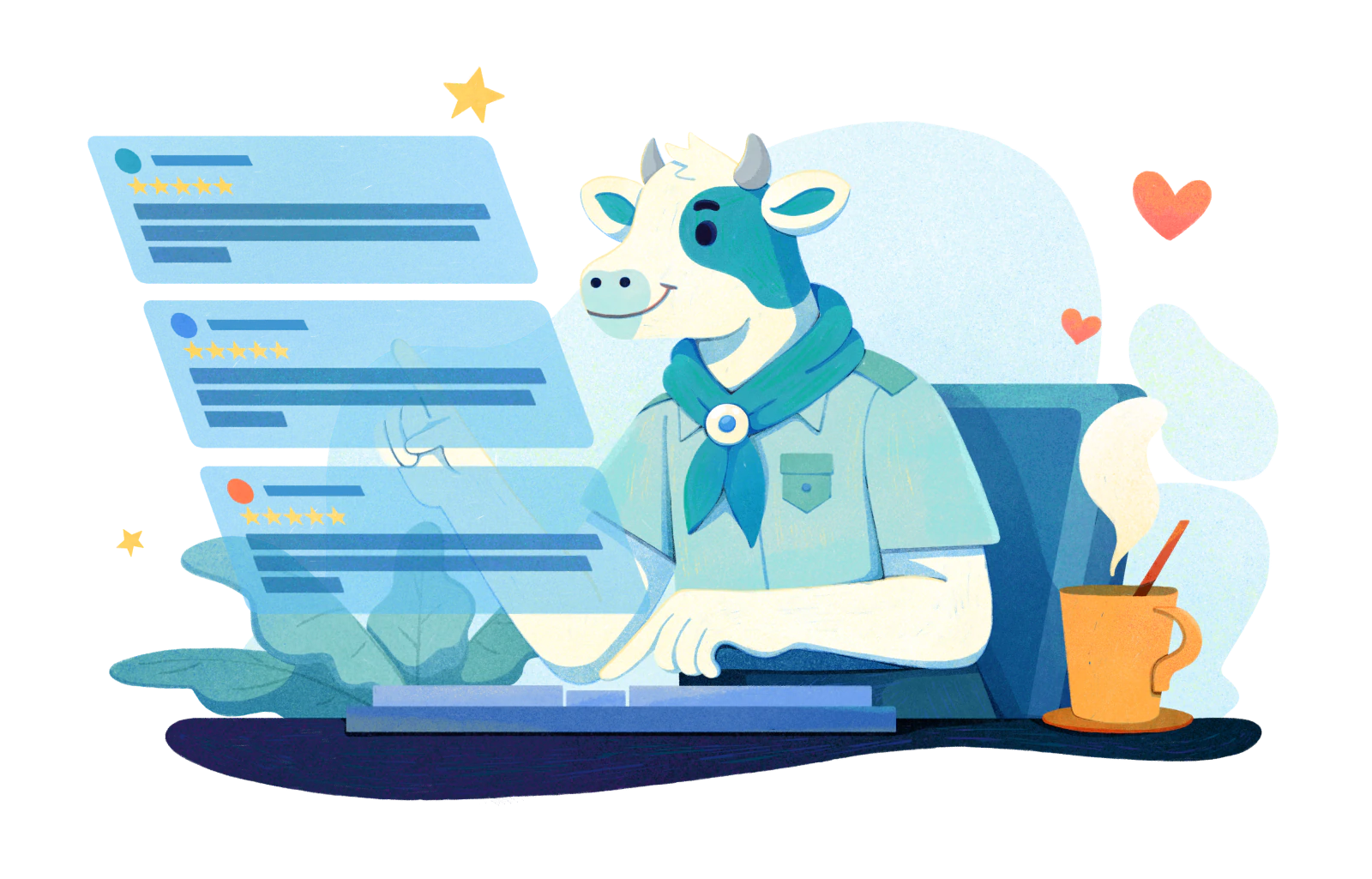 The Travelscowt scout reads five-star reviews at a desk, with a cup of coffee