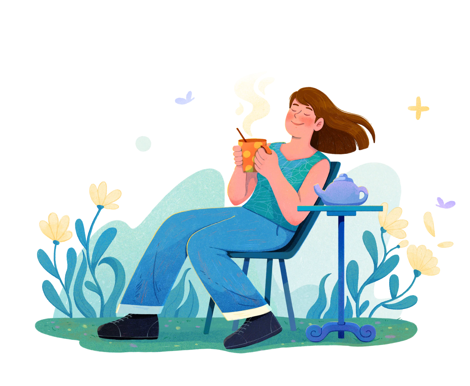 A traveller relaxes in a garden chair with a cup of tea, a teapot on the table beside her.