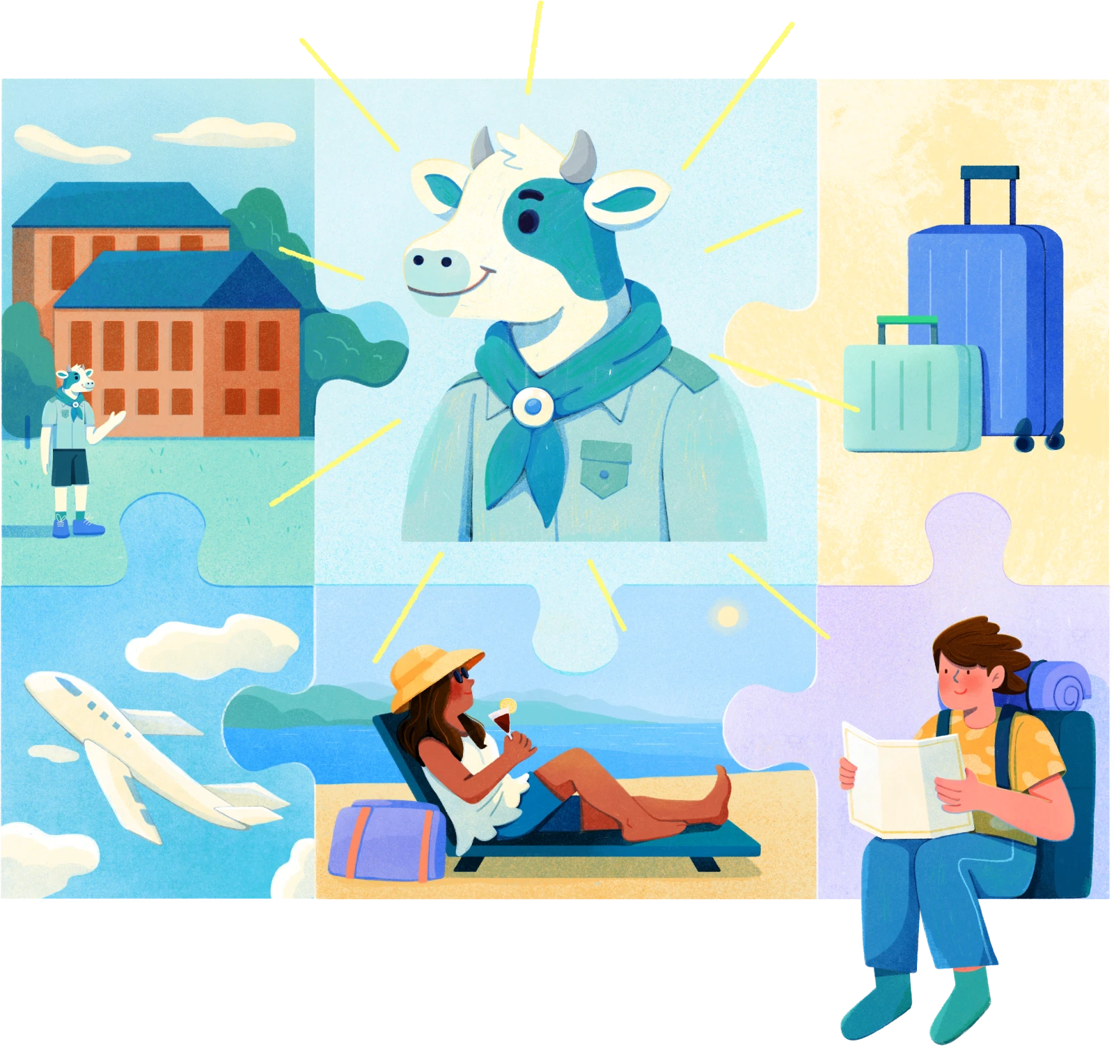 The Travelscowt scowt at the centre of a travel puzzle: a resort, a plane, a beach chair, luggage and a guest reading a map