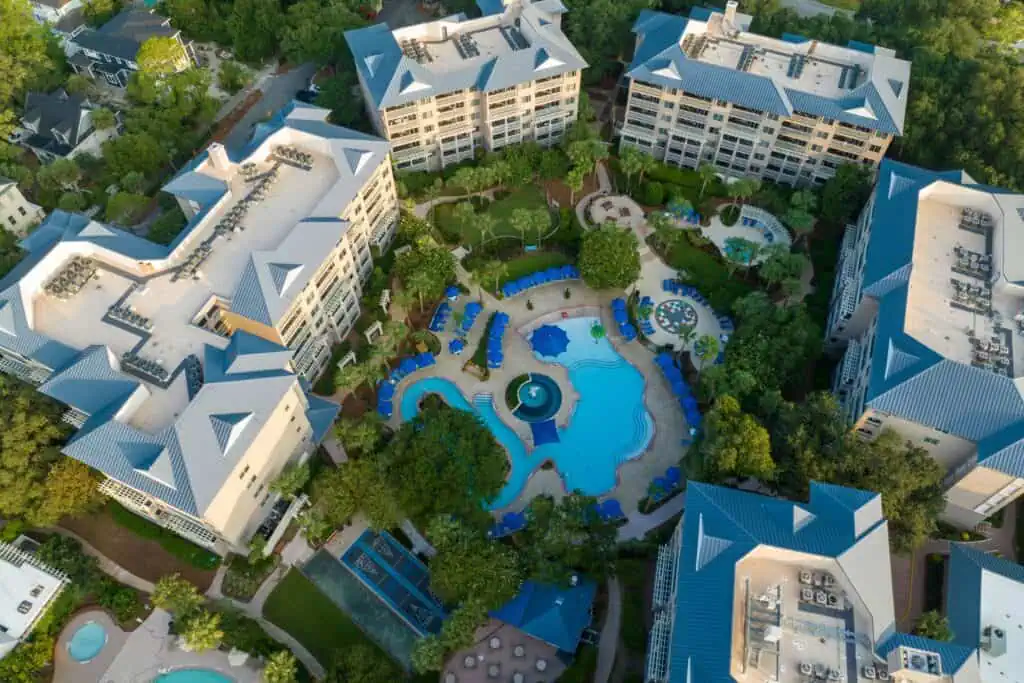Hilton Head resort exterior with family pools