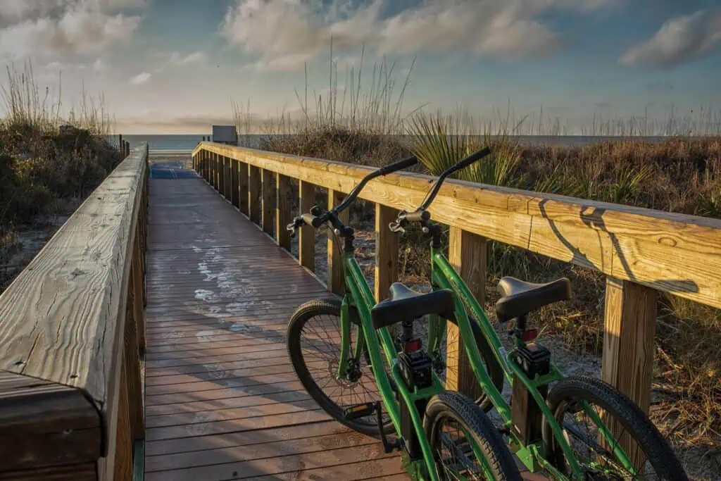 Bikes on Beach Walkway at Sunset