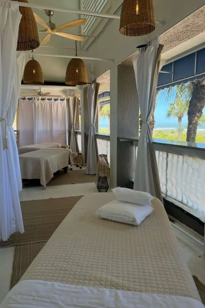 Outdoor patio with massage tables on Hilton Head