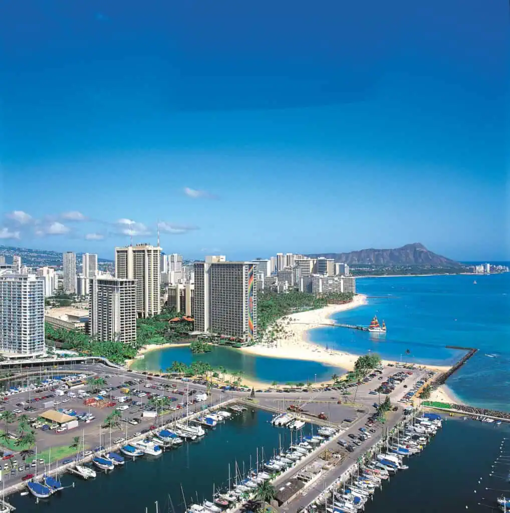 Aerial view of Hilton Hawaiian Village, the lagoon, the marina and Waikiki