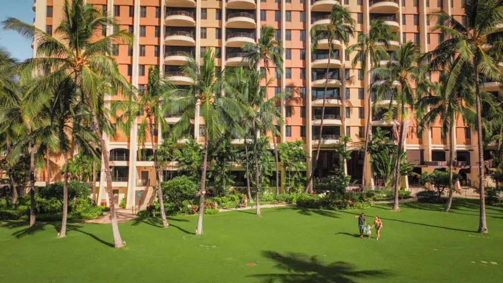 Palm-shaded lawn below the towers of Hilton Hawaiian Village
