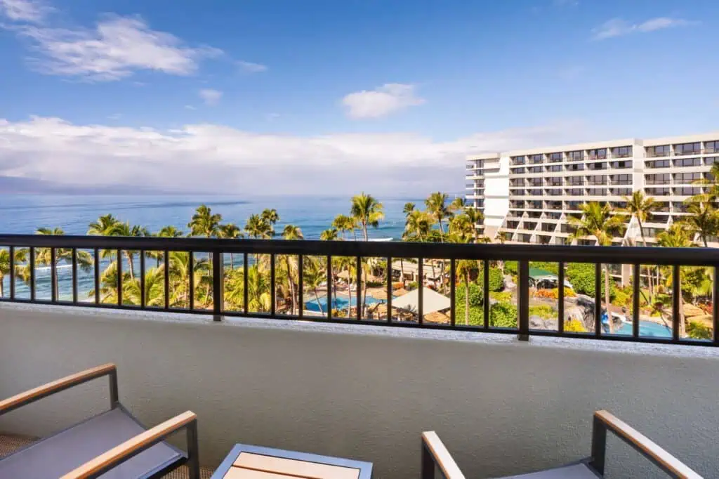 Balcony, view of resort grounds, ocean