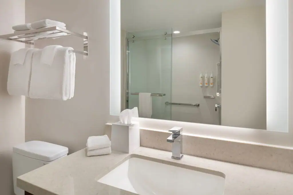 Vanity, walk in shower