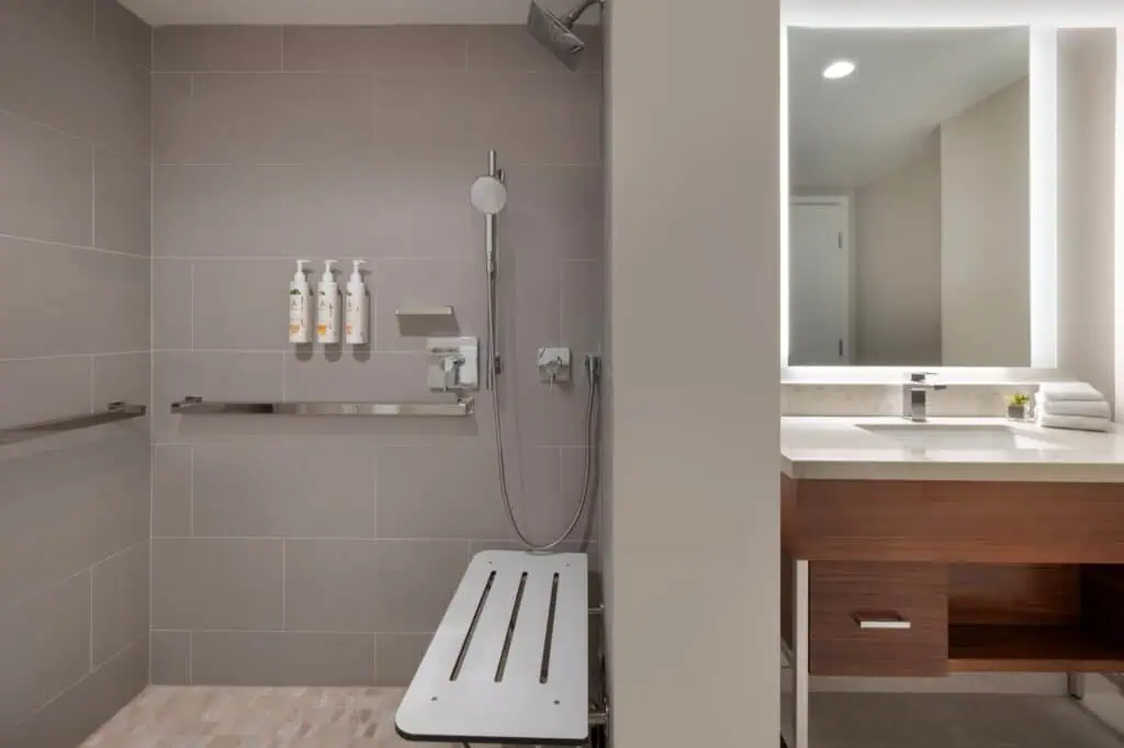 Accessible bathroom with roll-in shower