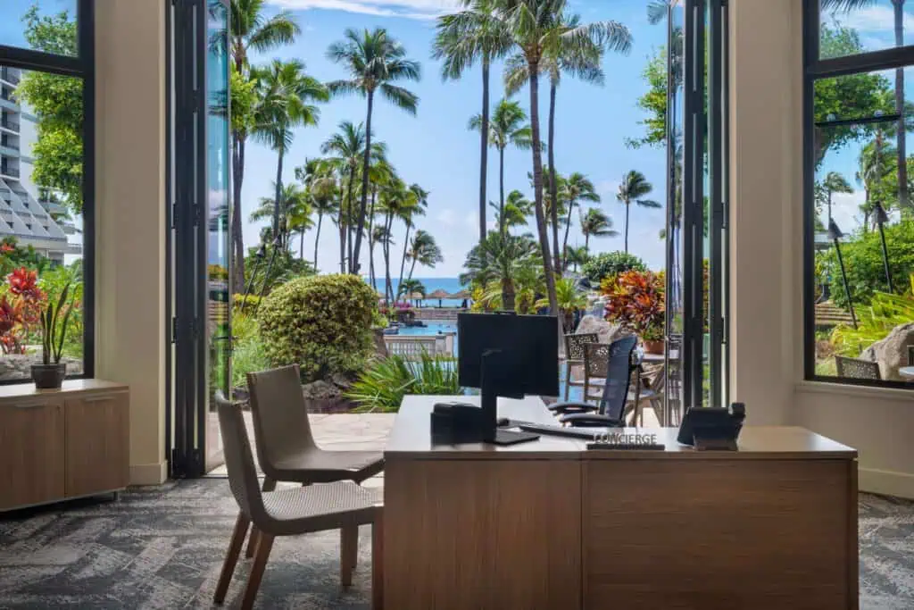 Desk with view of pool, ocean