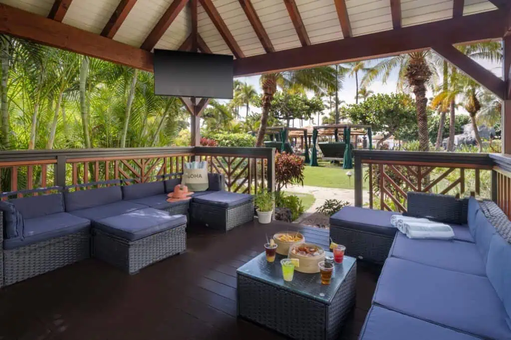 Cabana with seating area, TV, food, drinks
