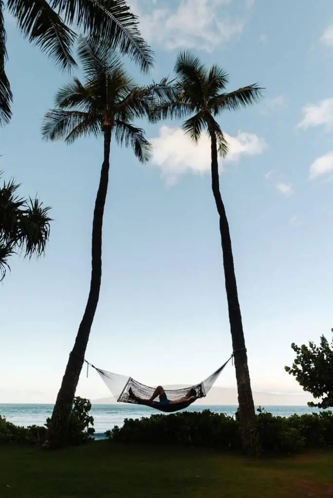 Man laying in hammock on beach with palm trees