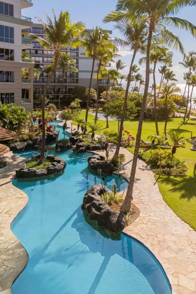 Pool near beach, ocean with palm trees
