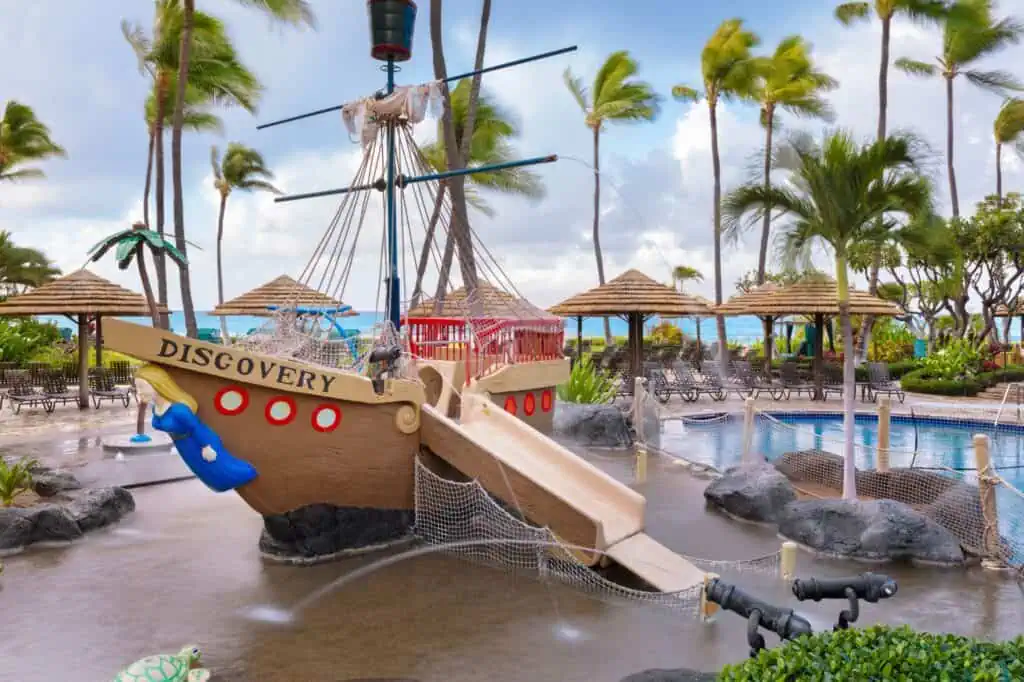 Pool, children's water play area with pirate ship
