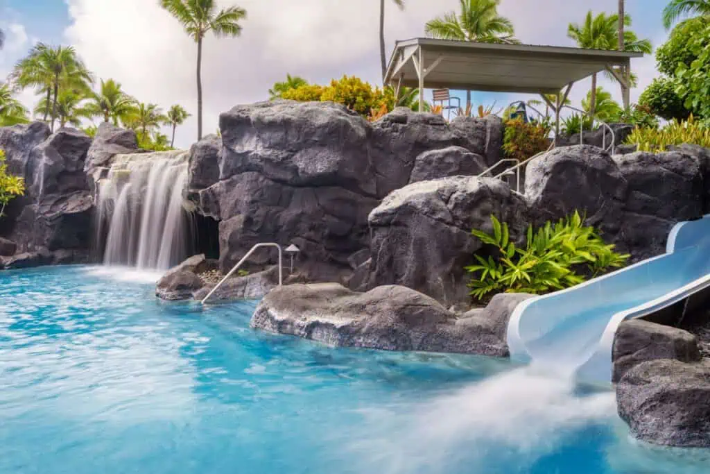 Pool water slide and waterfall