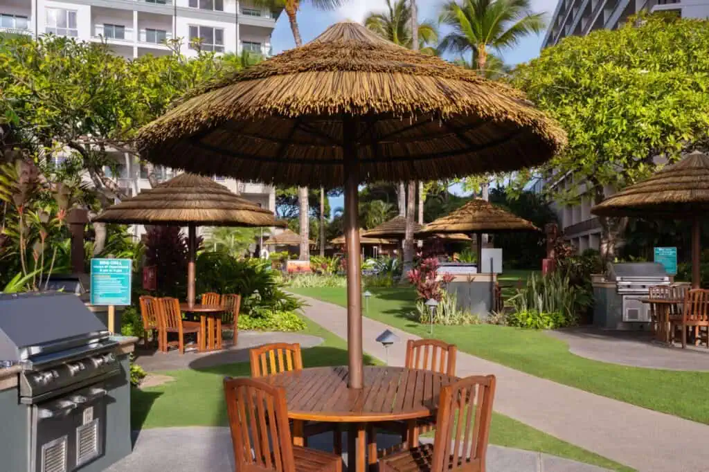 Outdoor grills, table, chairs, umbrellas