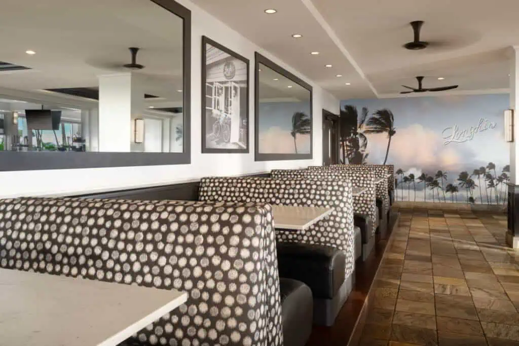 Indoor dining booths, tables