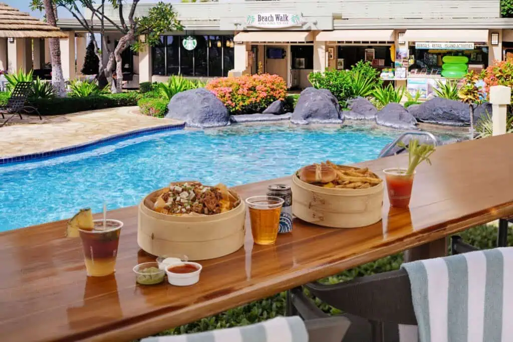 Outdoor pool bar, food, drinks on counter