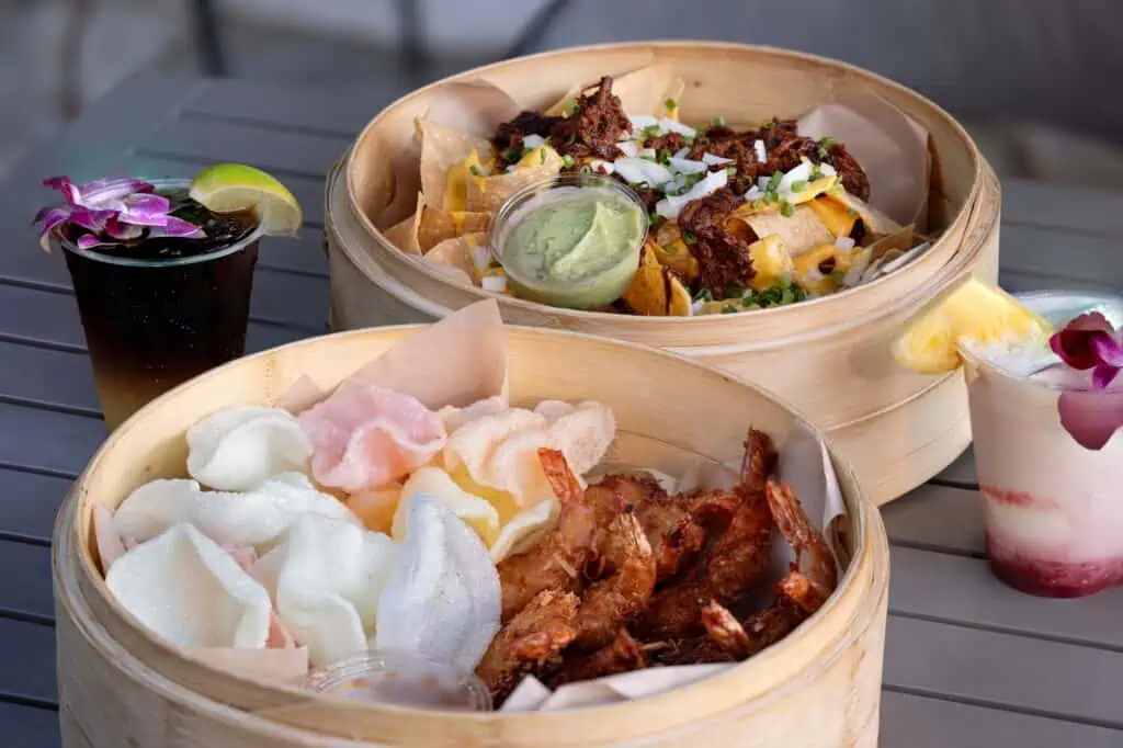 Food and drinks on outdoor dining table