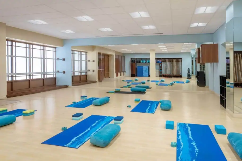 Yoga mats, blocks on floor