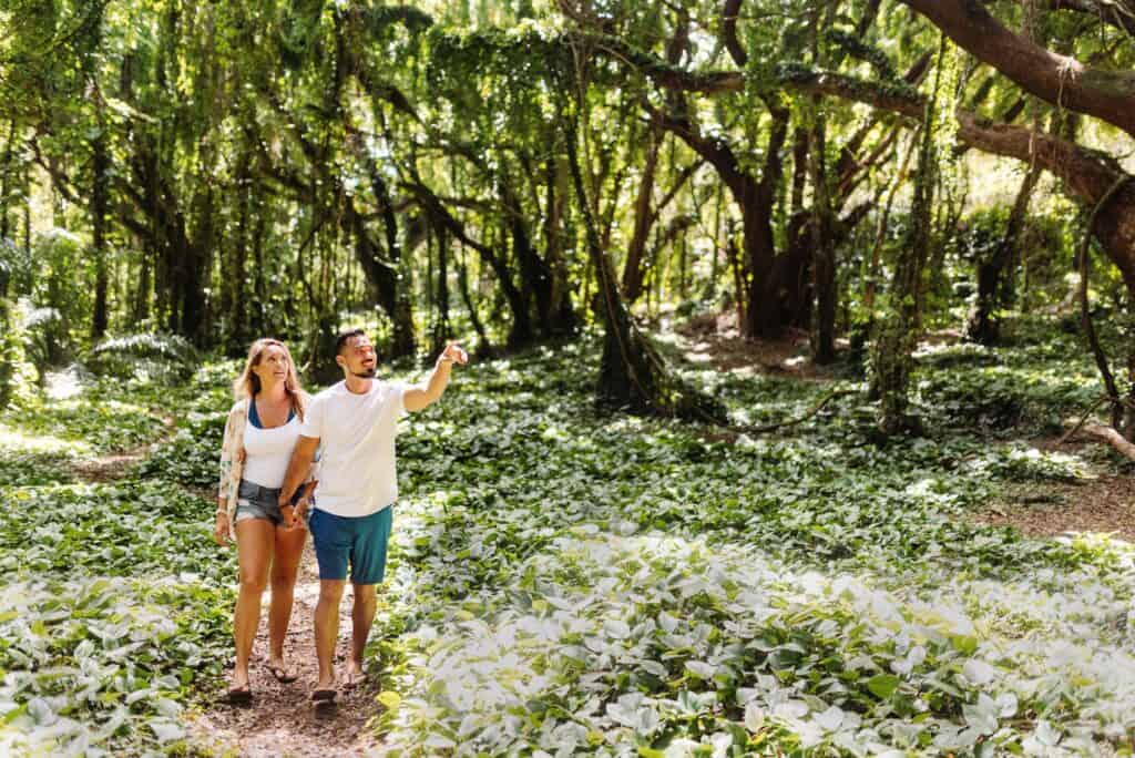Man and woman walking under trees