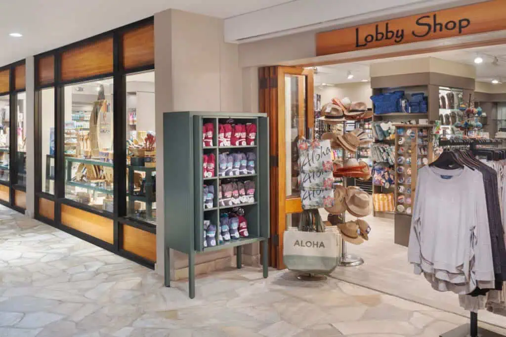 Retail shop with shirts, hats, bags