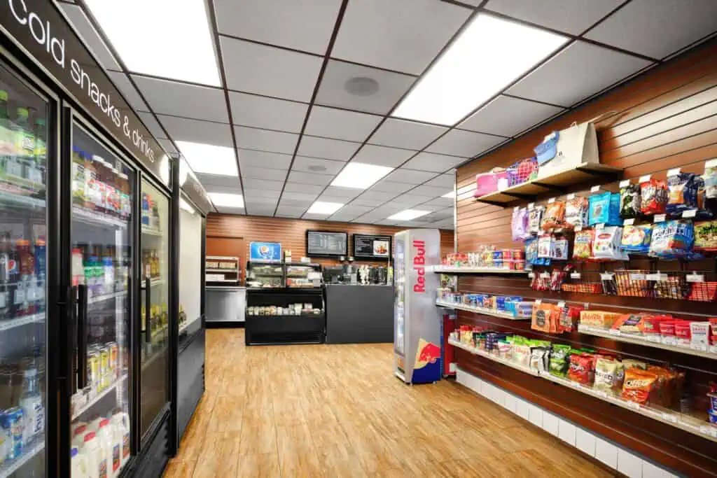 Store shelves with snacks and cold drinks