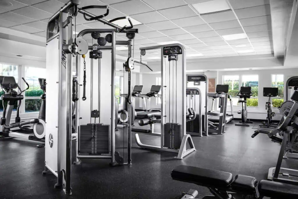Gym with weights, benches, bikes