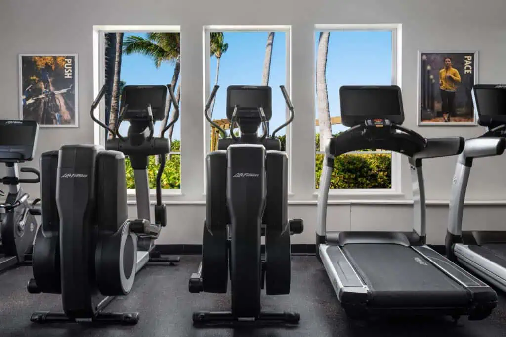 Gym with treadmills, ellipticals, bike