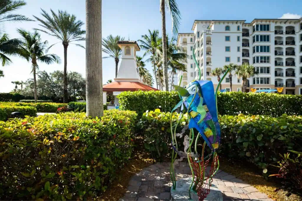 Colorful art sculpture near building