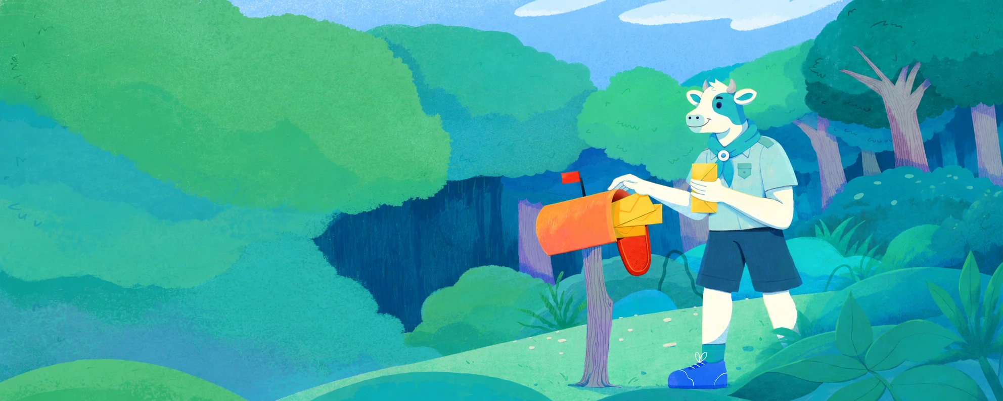 The Travelscowt scout, a cow with a backpack, posts a letter in a red mailbox